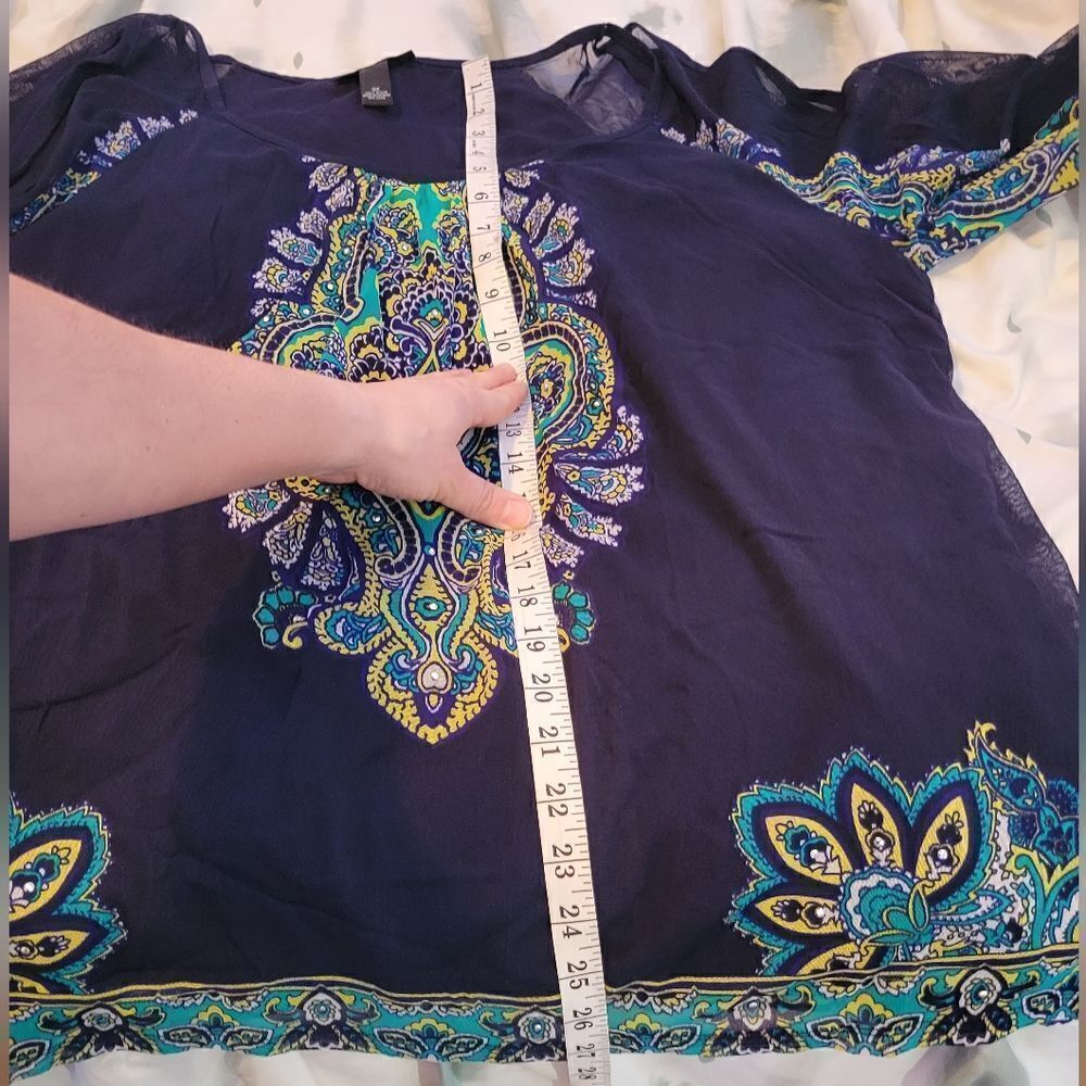 INC International Concepts Navy Blue Sheer Sleeve Paisley Blouse - Picture 11 of 12